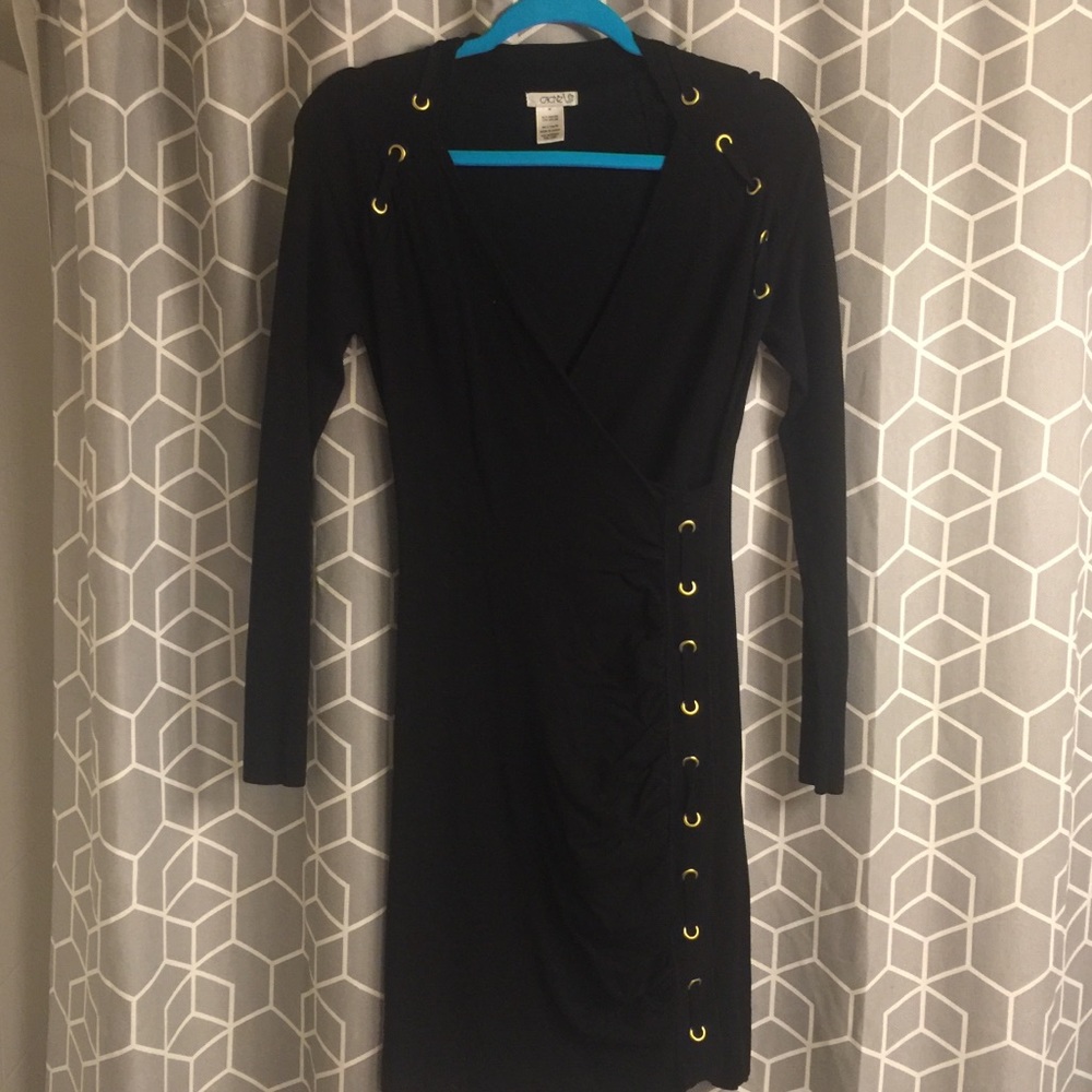 Cache fitted cinched sweater dress. Gold embelish
